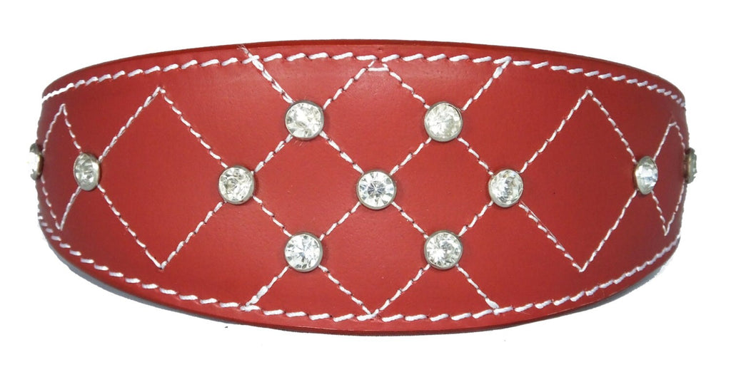 Red Diamante Diamond Stitch Design Leather Whippet Collar Greyhound Collar Sight hound Dogs Collar
