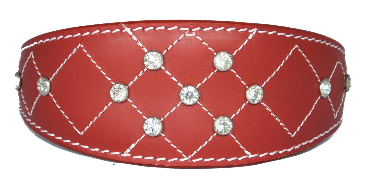 Red Diamante Diamond Stitch Design Leather Whippet Collar Greyhound Collar Sight hound Dogs Collar