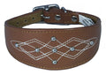 Tan Silver Stud Stitch Design Leather Whippet, Greyhound Collar Sighthound Dogs