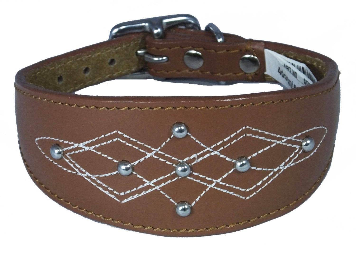 Tan Silver Stud Stitch Design Leather Whippet, Greyhound Collar Sighthound Dogs