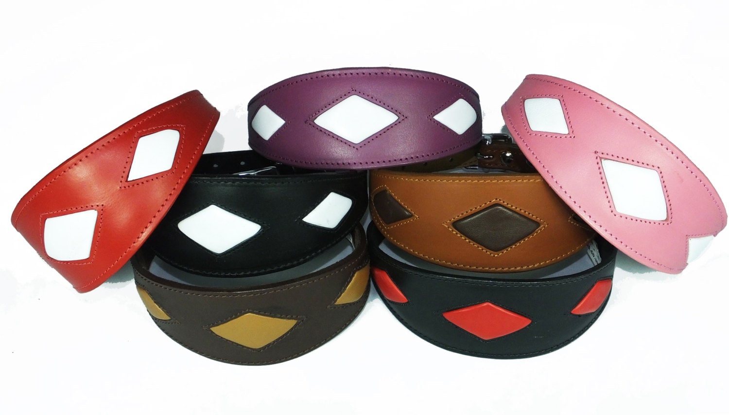 Red Leather Whippet Collar Greyhound Collar With White Diamond Shape Design