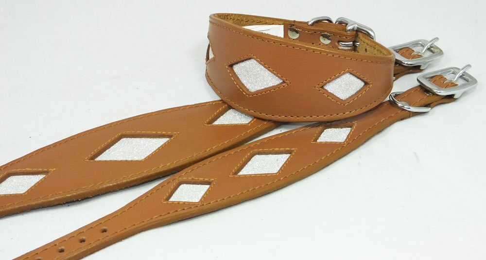 Tan Leather Whippet Collar Greyhound Sparkle Glitter Diamond Dog Collar Galgo Hound