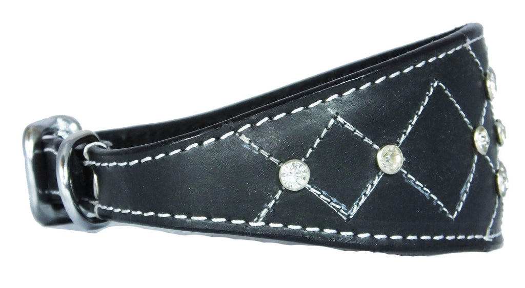 Black Diamante Diamond Stitch Design Leather Whippet Collar Greyhound Collar Sight hound Dogs Collar