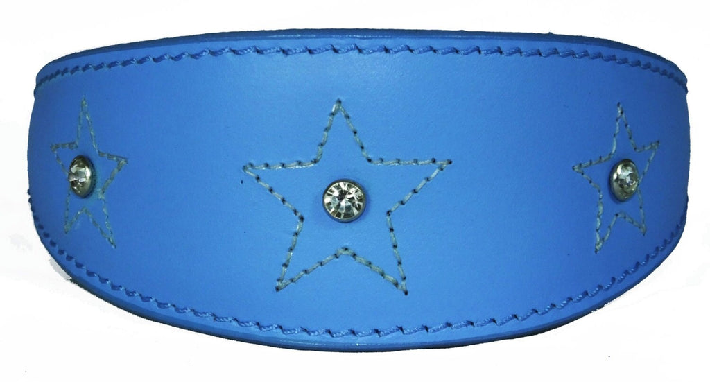 Light Blue Star Diamante Stitch Design Leather Whippet Collar Greyhound Collar Sight hound Dogs Collar