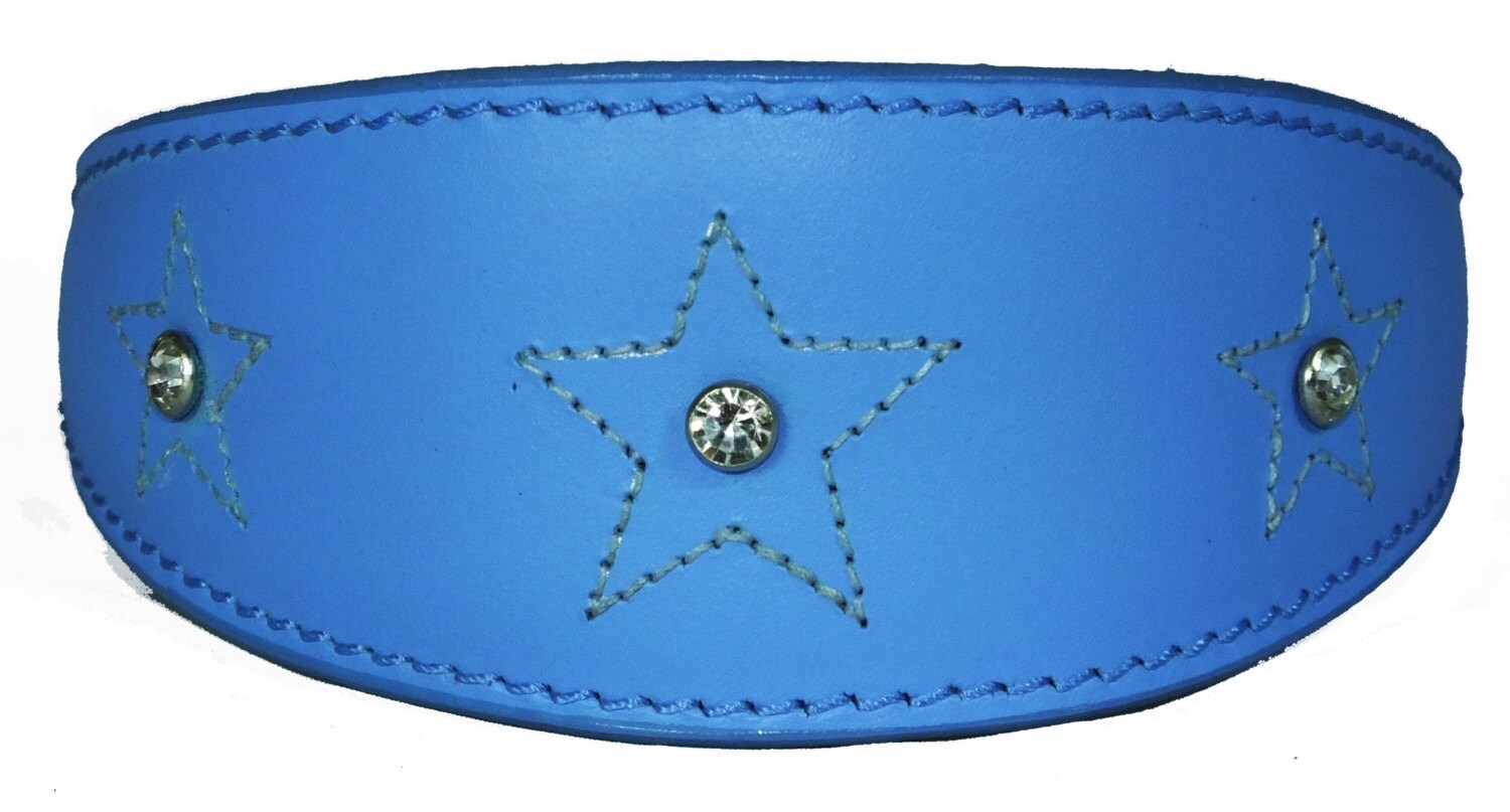 Light Blue Star Diamante Stitch Design Leather Whippet Collar Greyhound Collar Sight hound Dogs Collar