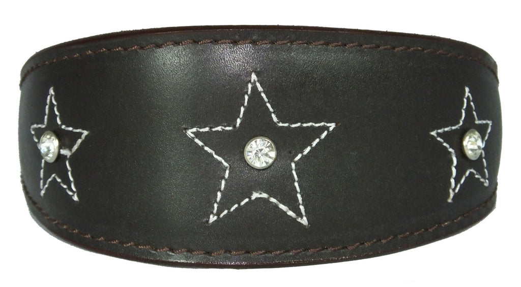 Brown Star Diamante Stitch Design Leather Whippet Collar Greyhound Collar Sight hound Dogs Collar