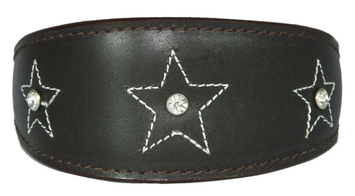 Brown Star Diamante Stitch Design Leather Whippet Collar Greyhound Collar Sight hound Dogs Collar