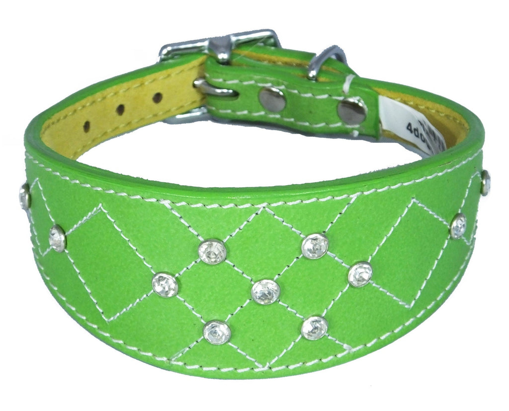 Green Diamante Diamond Stitch Design Leather Whippet Collar Greyhound Collar Sight hound Dogs Collar