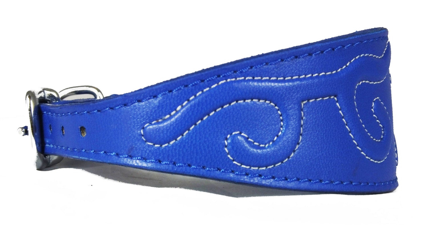 Blue Leather Whippet Collar Greyhound Collar With Embossed Stitch Design