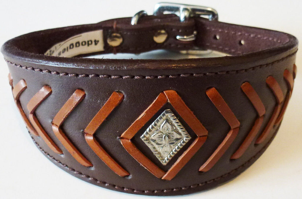 Brown Fish Bone Stitch Leather Whippet Collar Greyhound Collar Dog Collars Galgo