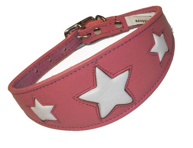 Pink Leather Whippet Collar Greyhound Collar With White Star Design Padded Collar