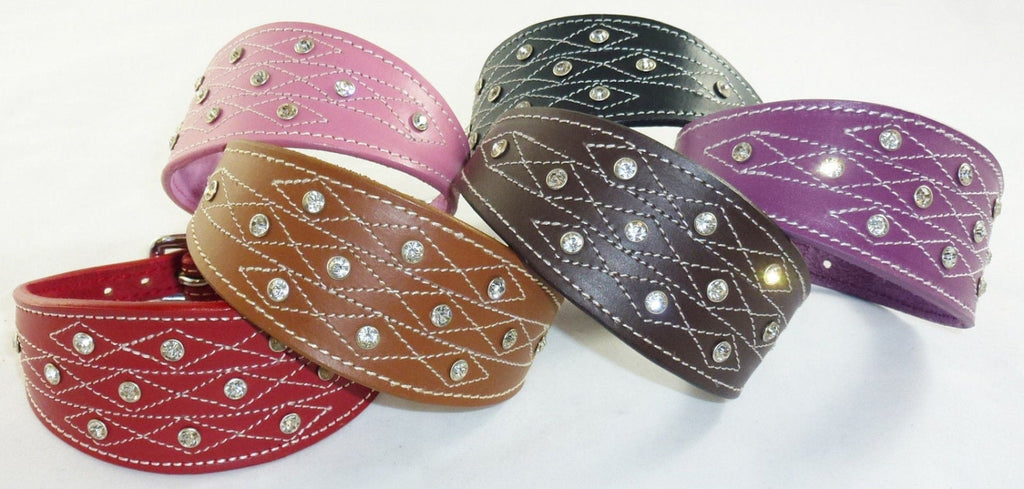 Purple Diamante Stud and Stich Design Leather Collar For Whippet Greyhound Lurcher