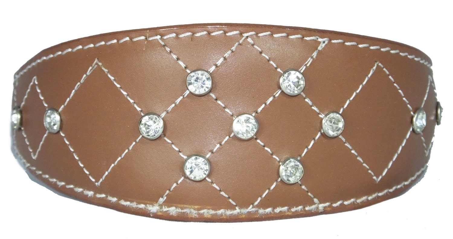 Tan Diamante Diamond Stitch Design Leather Whippet Collar Greyhound Collar Sight hound Dogs Collar