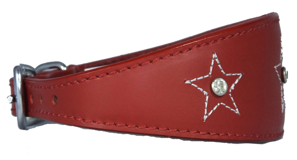 Red Star Diamante Stitch Design Leather Whippet Collar Greyhound Collar Sight hound Dogs Collar