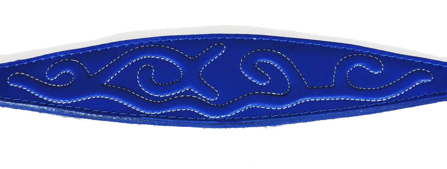 Blue Leather Whippet Collar Greyhound Collar With Embossed Stitch Design