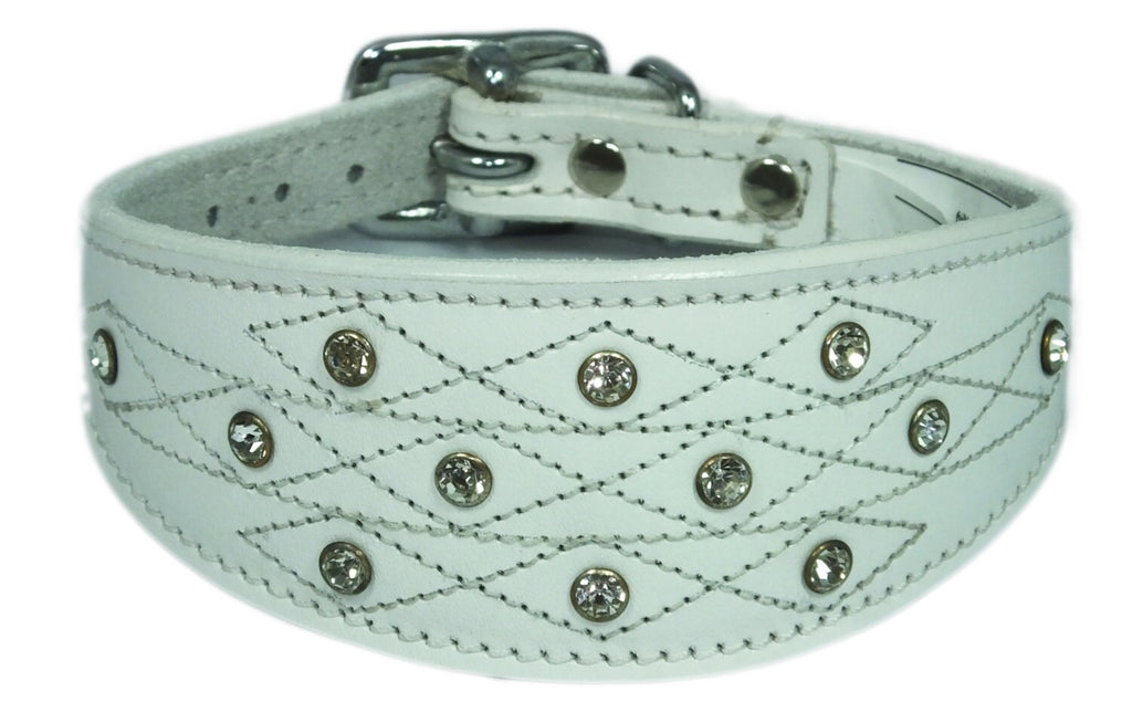 White Diamante Stud and Stich Design Leather Collar For Whippet Greyhound Lurcher