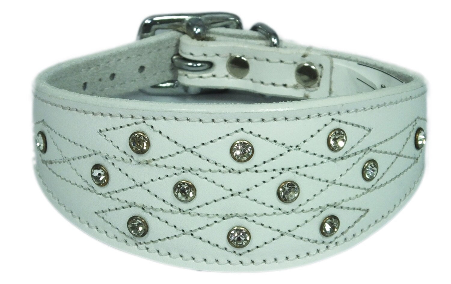 White Diamante Stud and Stich Design Leather Collar For Whippet Greyhound Lurcher