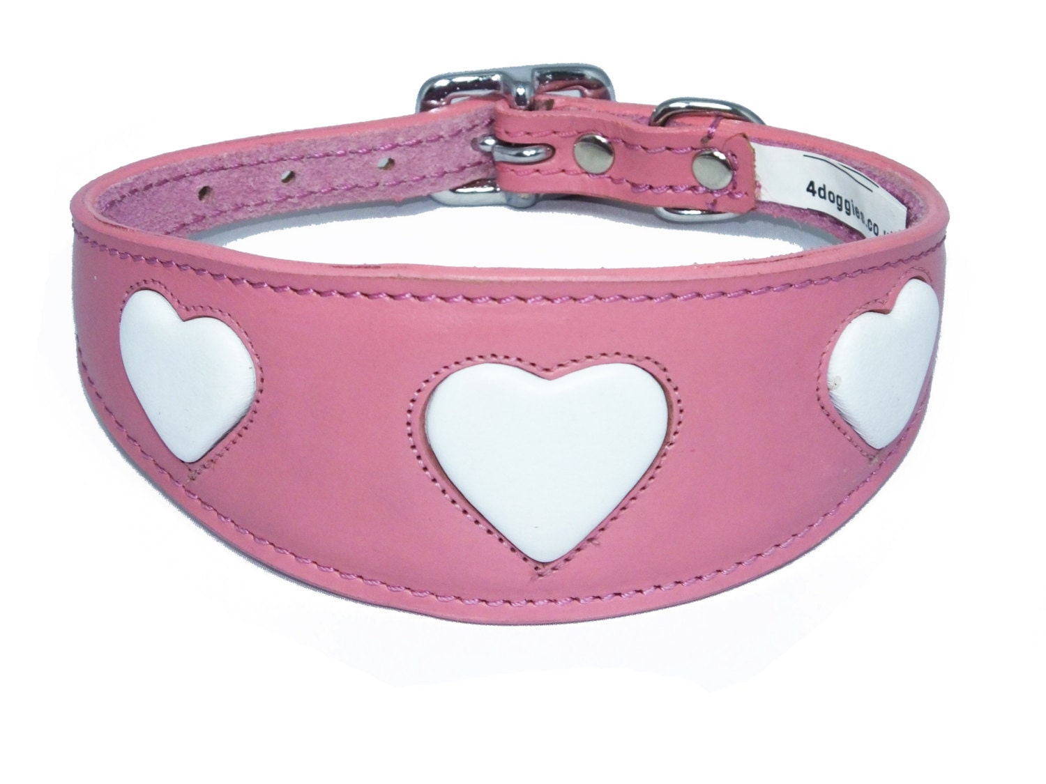 Leather Pink With White Heart  Design Whippet Collar Greyhound Collar  Sighthound Collar