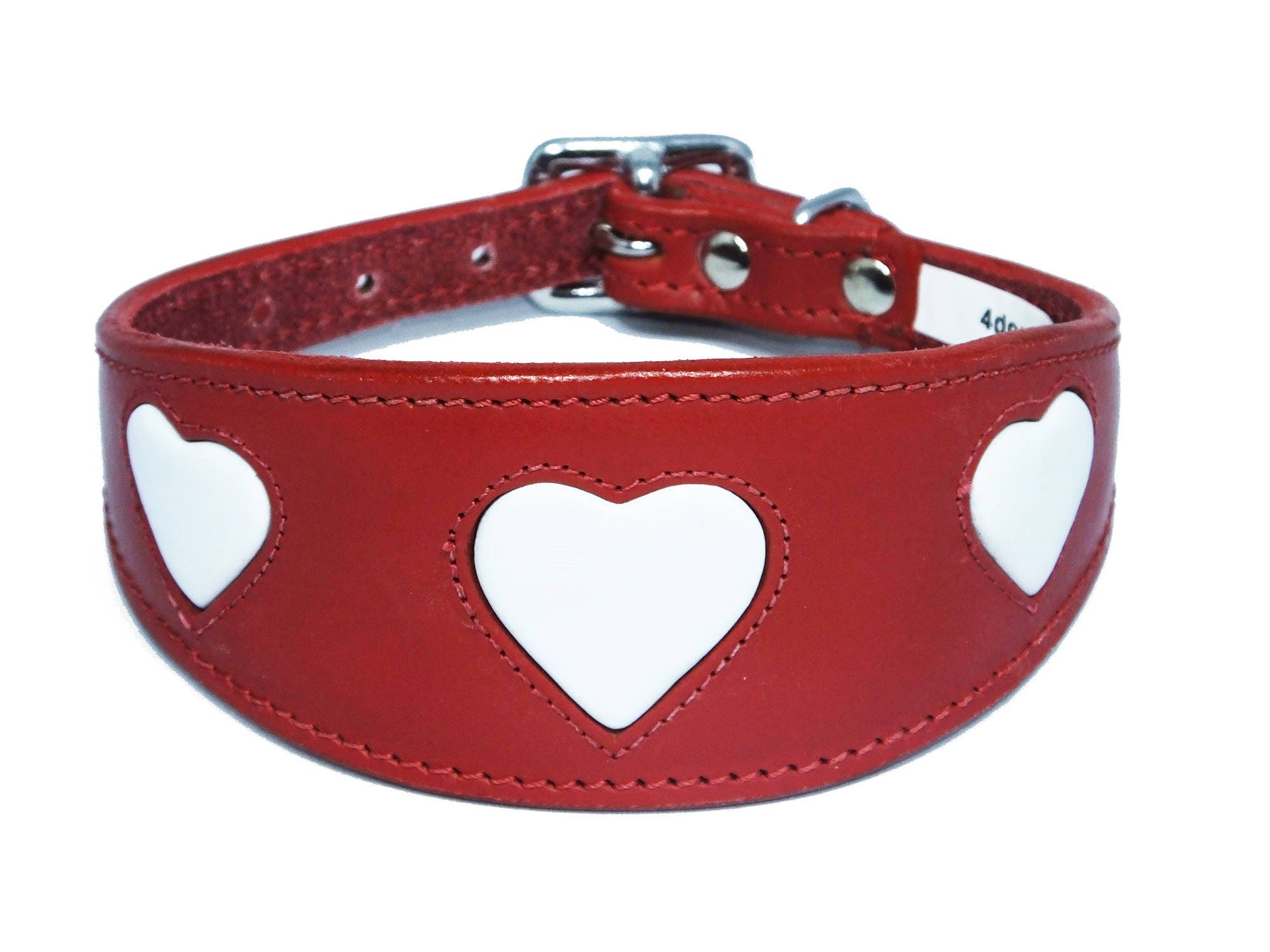 Leather Red With White Heart  Design Whippet Collar Greyhound Collar Padded Dog Collar