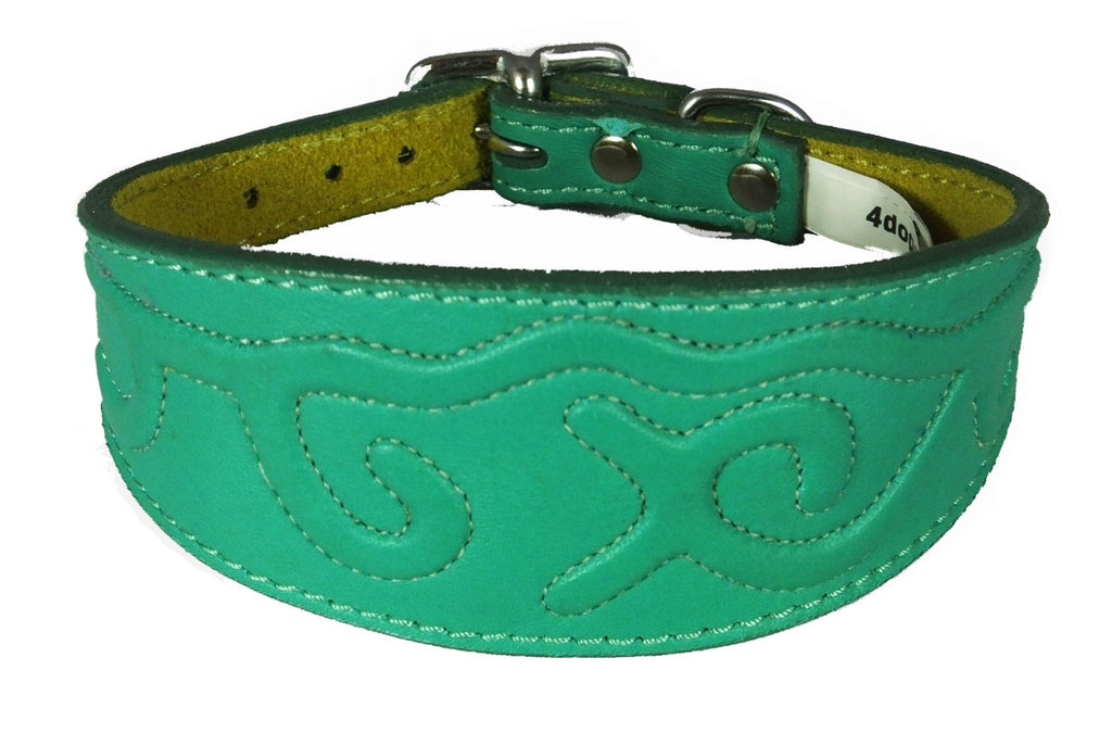 Green Leather Whippet Collar Greyhound Collar With Embossed Stitch Design