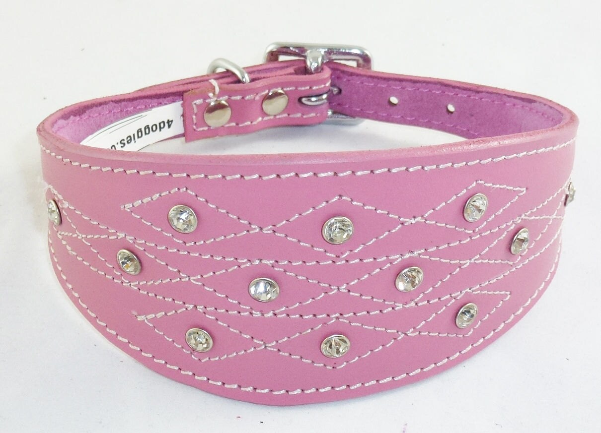 Pink Diamante Stud and Stich Design Leather Collar For Whippet Greyhound Lurcher