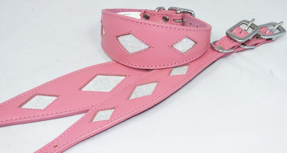 Pink Leather Whippet Collar Greyhound Sparkle Glitter Diamond Dog Collar Galgo Hound