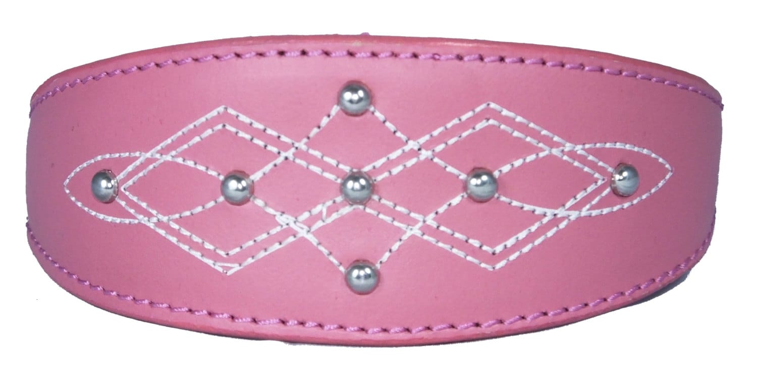 Pink Silver Stud Stitch Design Leather Whippet, Greyhound Collar Sighthound Dogs