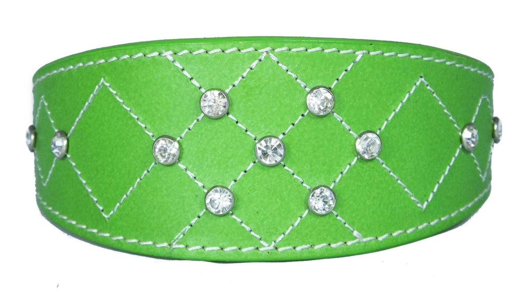 Green Diamante Diamond Stitch Design Leather Whippet Collar Greyhound Collar Sight hound Dogs Collar