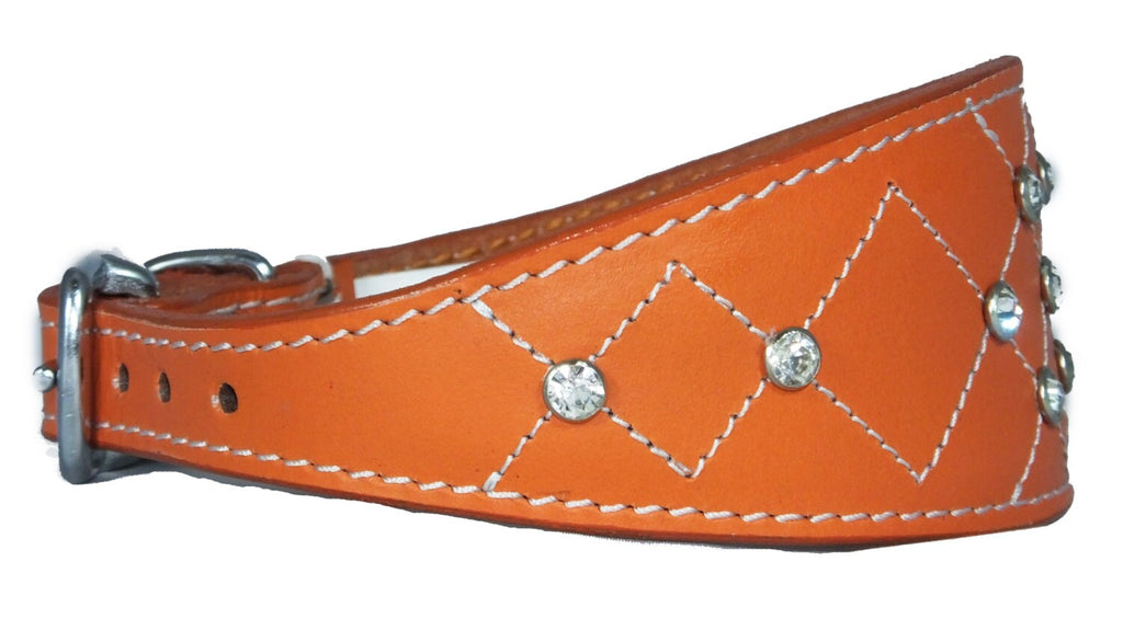 Orange Diamante Diamond Stitch Design Leather Whippet Collar Greyhound Collar Sight hound Dogs Collar