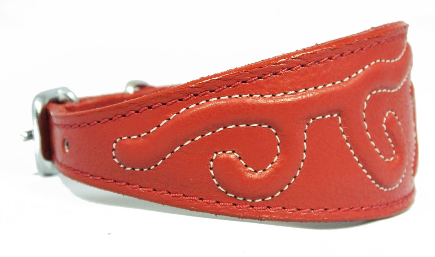 Red Leather Whippet Collar Greyhound Collar With Embossed Stitch Design