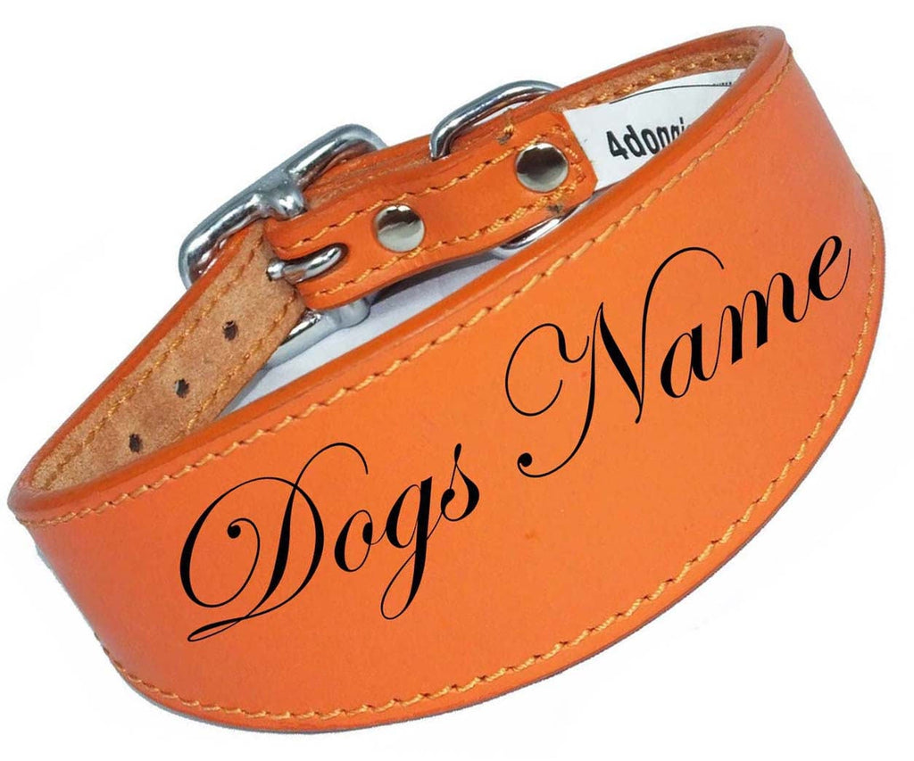 Orange Laser Engraved Personalised Name Dog Collar Leather Dog Collar For Whippets, Greyhounds
