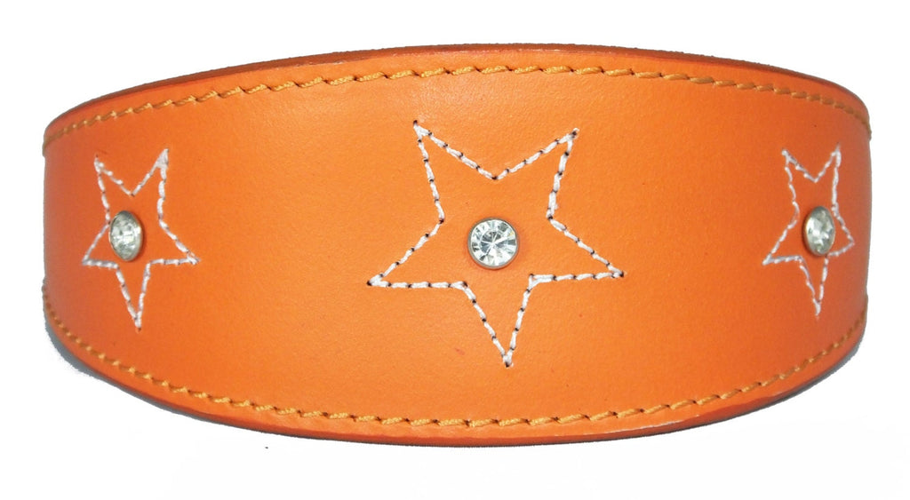 Orange Star Diamante Stitch Design Leather Whippet Collar Greyhound Collar Sight hound Dogs Collar