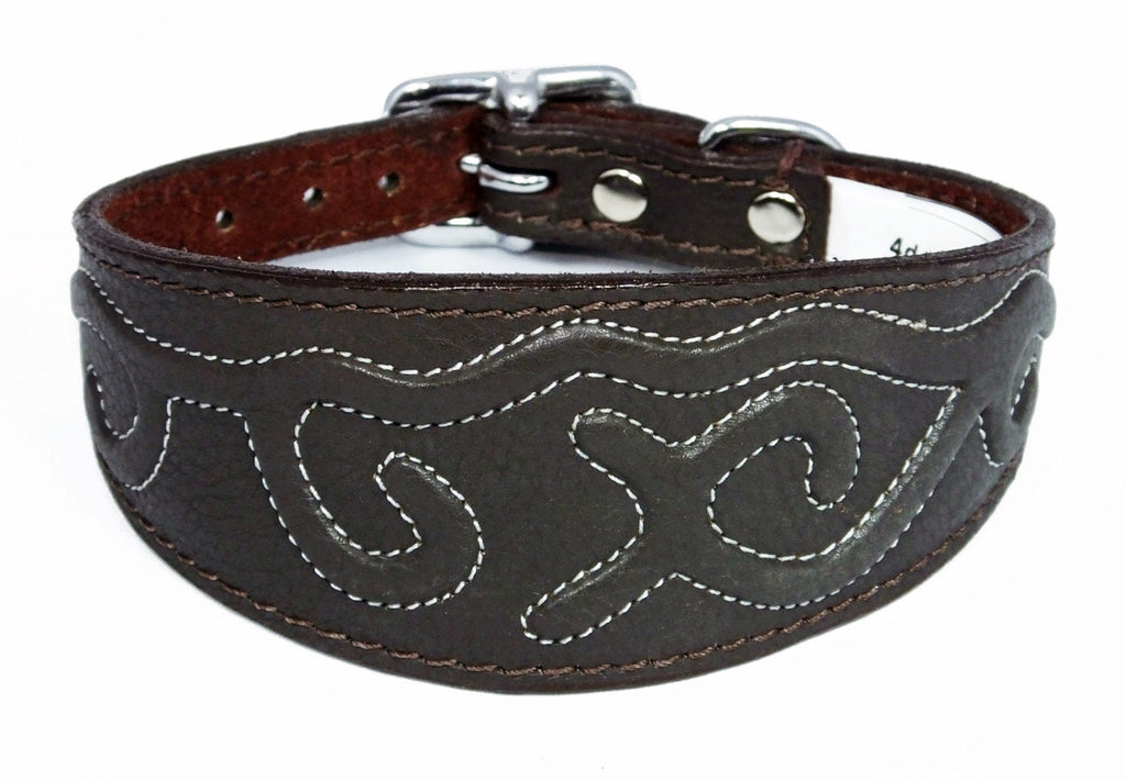 Brown Leather Whippet Collar Greyhound Collar With Embossed Stitch Design