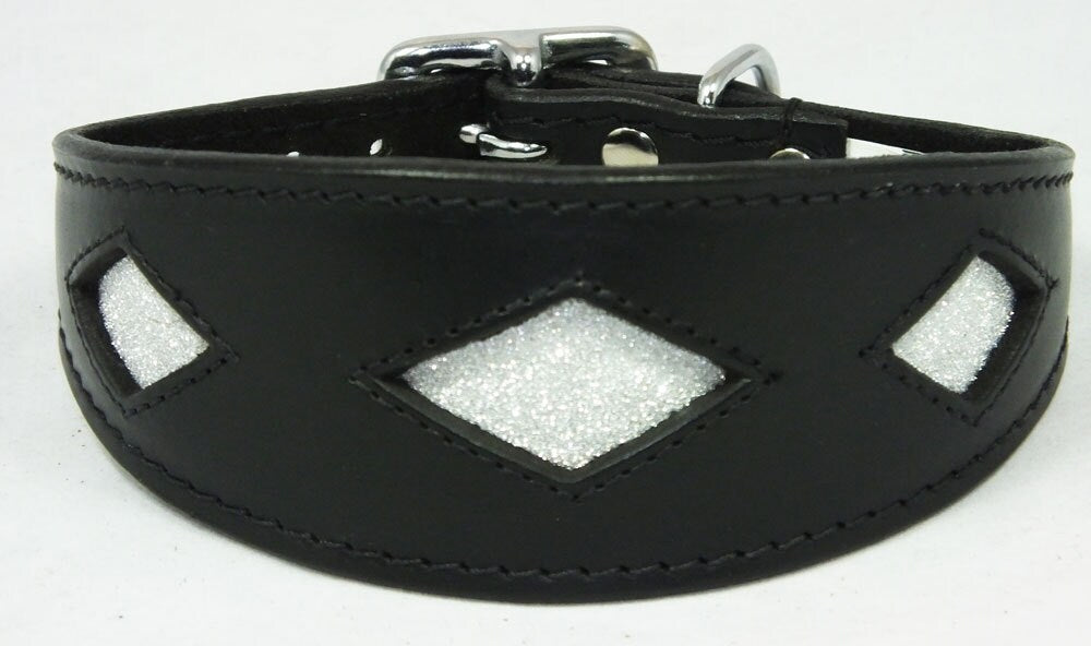 Black Leather Whippet Collar Greyhound Sparkle Glitter Diamond Dog Collar Galgo Hound