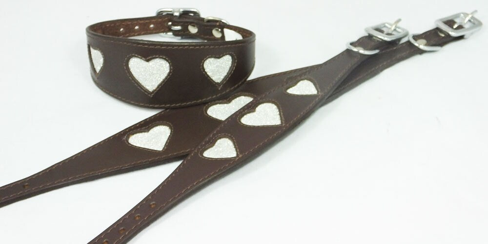 Brown Leather Whippet Collar Greyhound Collar Sparkle Glitter Heart Galgo Podenco Dog