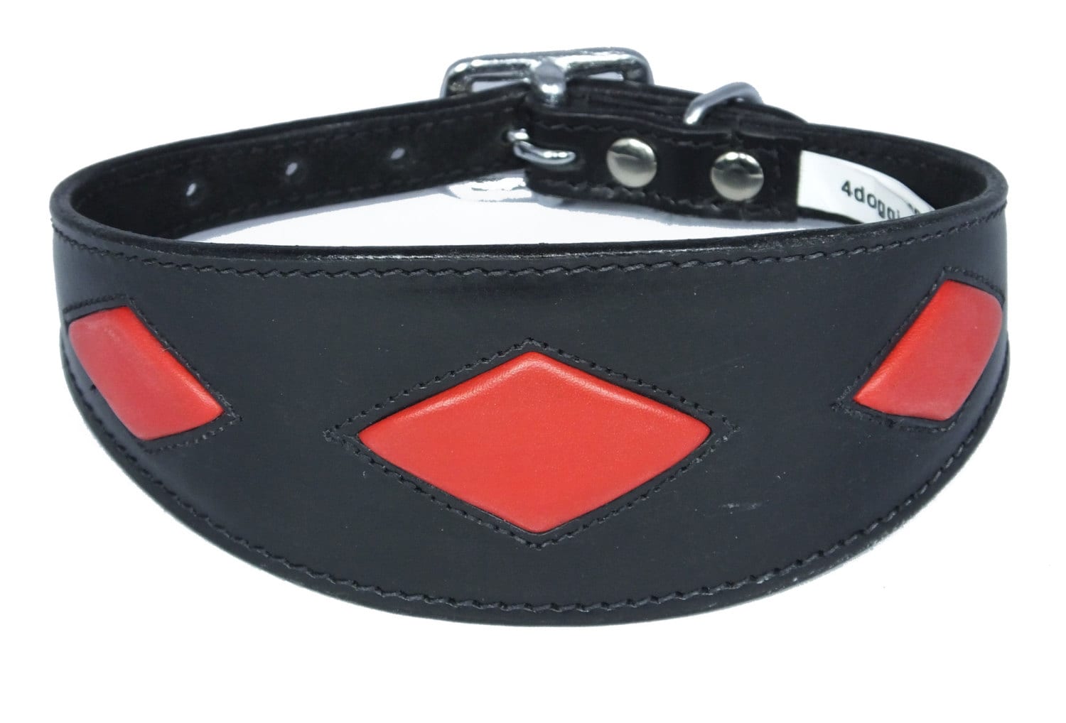 Black Leather Whippet Collar Greyhound Collar With Red Diamond Shape Design