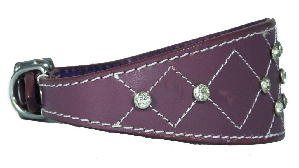 Purple Diamante Diamond Stitch Design Leather Whippet Collar Greyhound Collar Sight hound Dogs Collar