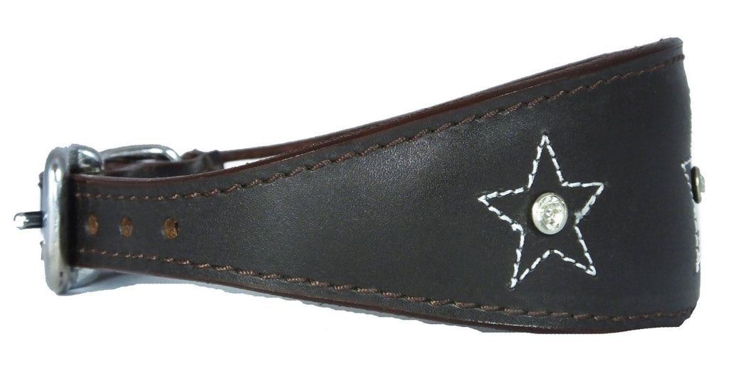 Brown Star Diamante Stitch Design Leather Whippet Collar Greyhound Collar Sight hound Dogs Collar