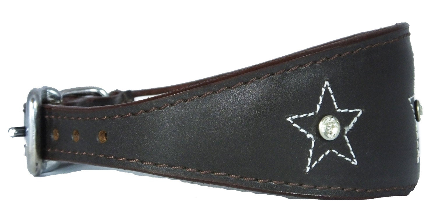 Brown Star Diamante Stitch Design Leather Whippet Collar Greyhound Collar Sight hound Dogs Collar