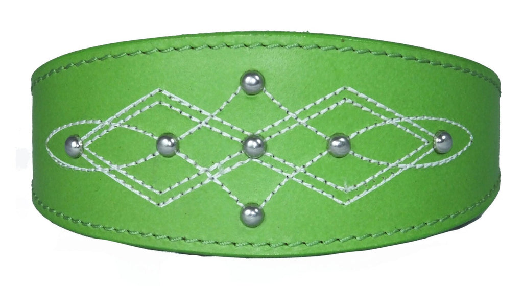 Green Silver Stud Stitch Design Leather Whippet, Greyhound Collar Sighthound Dogs