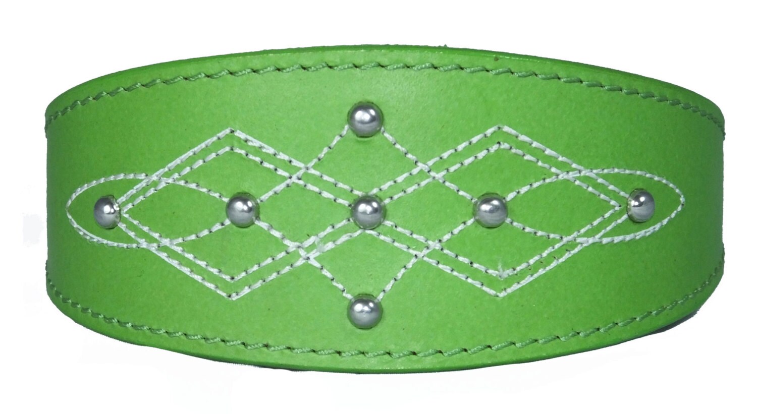Green Silver Stud Stitch Design Leather Whippet, Greyhound Collar Sighthound Dogs