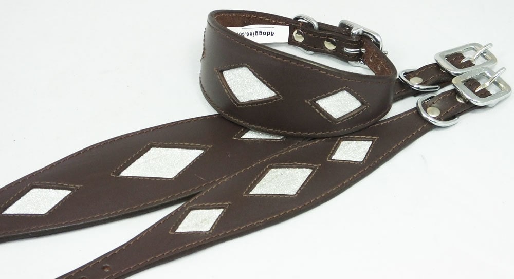 Brown Leather Whippet Collar Greyhound Sparkle Glitter Diamond Dog Collar Galgo Hound