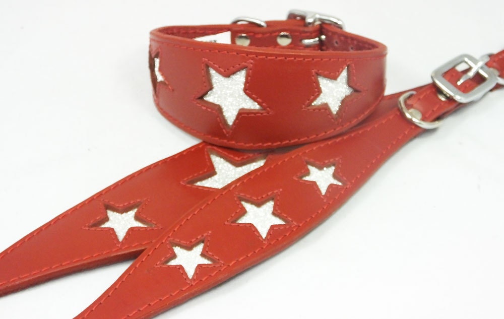 Red Leather Whippet Collar Greyhound Collar Sparkle Glitter Star Sighthound Dogs
