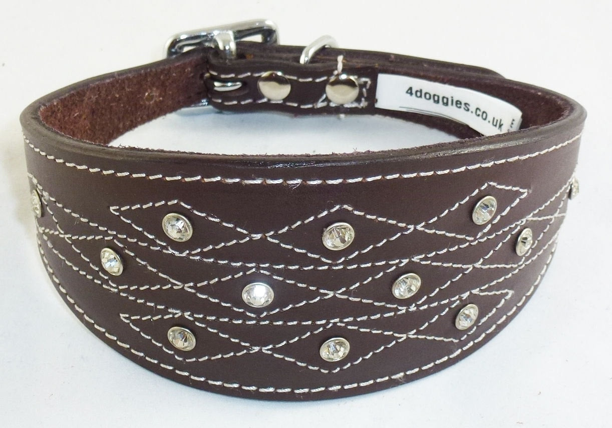 Brown Diamante Stud and Stich Design Leather Collar For Whippet Greyhound Lurcher