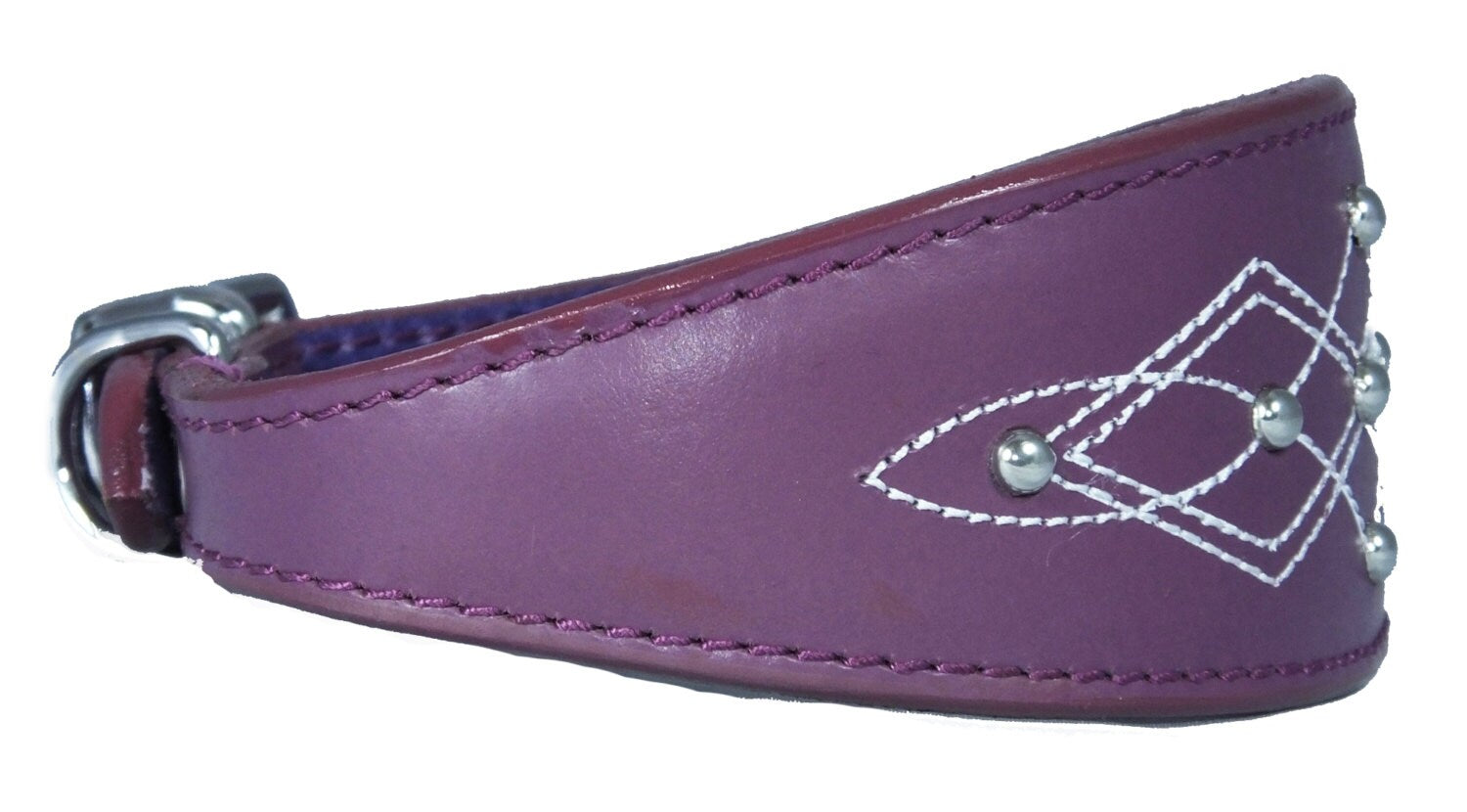 Purple Silver Stud Stitch Design Leather Whippet, Greyhound Collar Sighthound Dogs