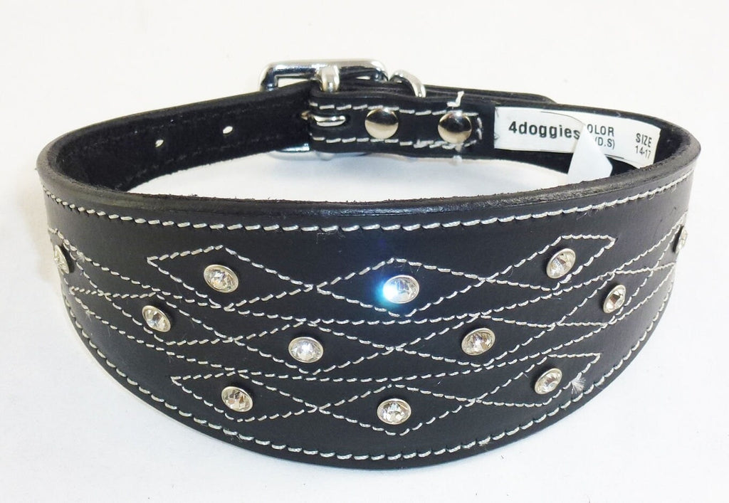 Black Diamante Stud and Stich Design Leather Collar For Whippet Greyhound Lurcher
