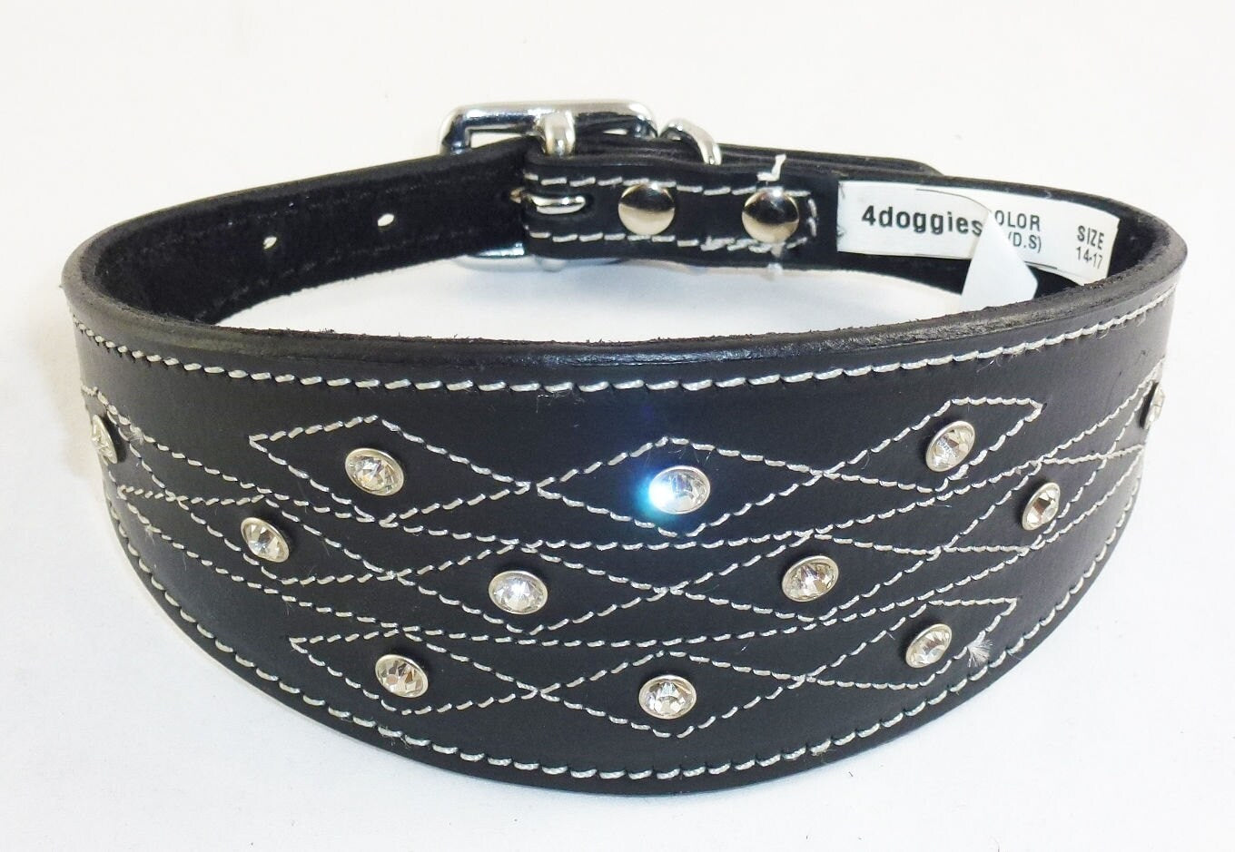 Black Diamante Stud and Stich Design Leather Collar For Whippet Greyhound Lurcher