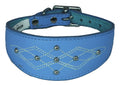 Light Blue Silver Stud Stitch Design Leather Whippet, Greyhound Collar Sighthound Dogs