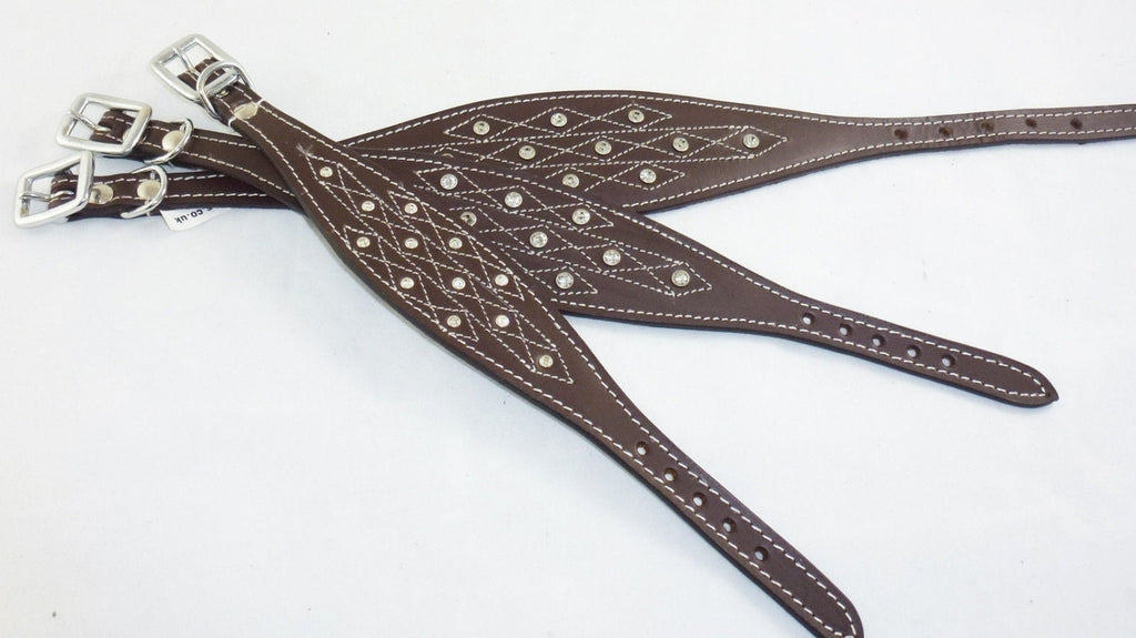 Brown Diamante Stud and Stich Design Leather Collar For Whippet Greyhound Lurcher