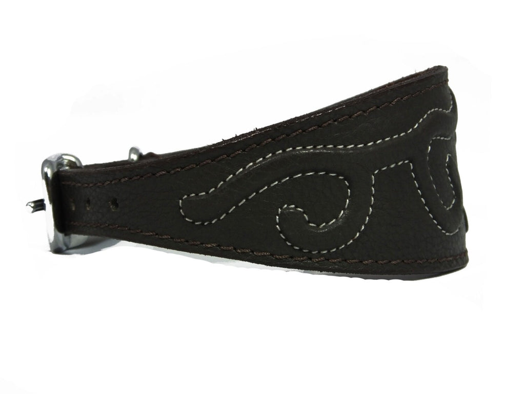Brown Leather Whippet Collar Greyhound Collar With Embossed Stitch Design